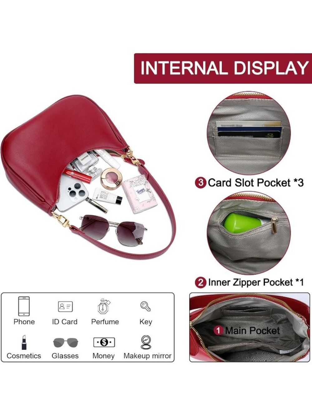 Women's Bag Red Leather Cute Hobo Shoulder Handbags Retro Clutch Stylish Purse - Picture 4 of 6